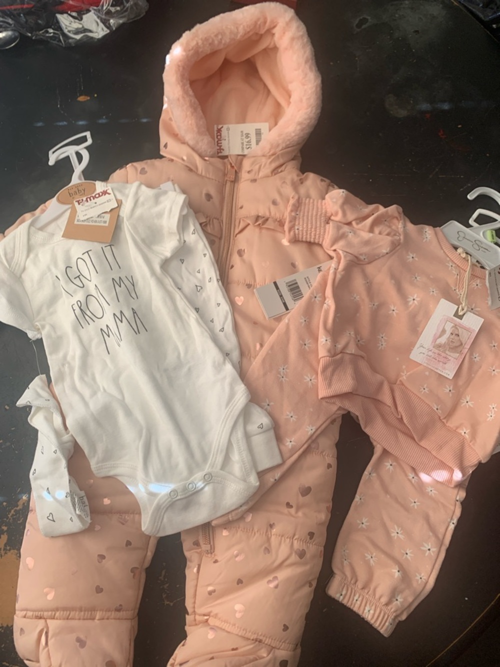 Baby Pink Heart Snowsuit & Star Sweatset with White Bodysuit